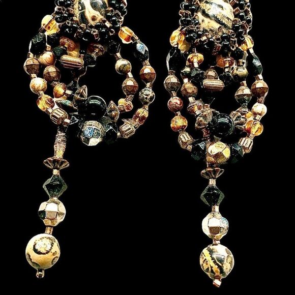 Leopard agate festoon style dangle earrings hand crafted artist made pierced - Picture 7 of 9